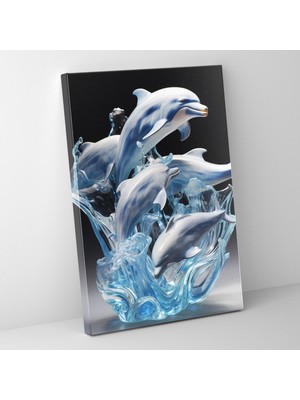 Popcas Gerçekçi Cam Heykel - Mat Yüzeyli Yunuslar Okyanus Kanvas Tablo - Oynaklık ve Neşe Içeren Gerçekçi Cam Heykel Kanvas Tablo