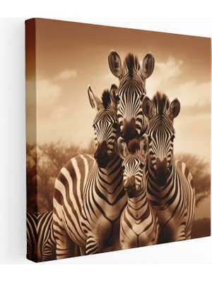 Popcas Zebra Aile Portresi Kanvas Tablo - Zebra Duvar Dekorasyonu Büyüleyici Duvar Sanatı
