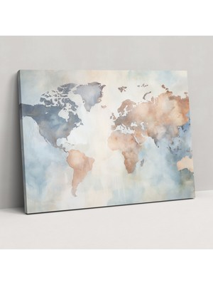 Popcas Empresyonist Dünya Haritası Kanvas Tablo - Dünya Haritası Kanvas Soluk Renk Paleti