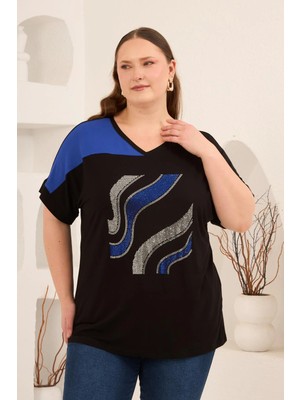 Rmg Taş Baskılı Büyük Beden Garnili Tişört Siyahsaks