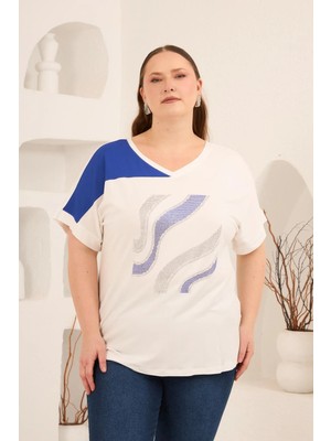 Rmg Taş Baskılı Büyük Beden Garnili Tişört Ekrusaks