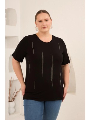 Rmg Dikey Taş Baskıl Kadın Büyük Beden Tişört Siyah