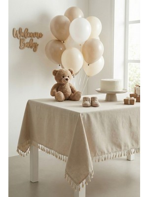 Morlay Keten Püsküllü Organizasyon Keten Masa Örtüsü Baby Shower, Doğum Günü, Nişan Için Bohem