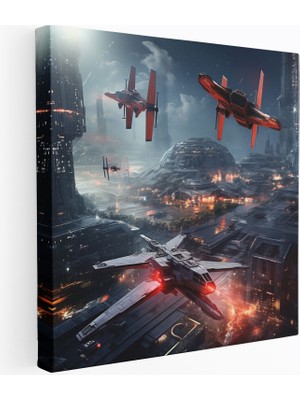 Popcas Star Wars Kanvas Tablo - Gelecek Savaş Kent Manzaralı - Bilim Kurgu ve Tie Fighters Ilhamlı
