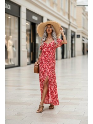 Mossta Omuzu Açık Desenli Uzun Süprem Elbise - Kırmızı