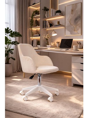 Sude Beyaz Ayaklı Çalışma Koltuğu Tekerlekli Ayarlanabilir Ofis Sandalyesi – Baby Face Kumaş