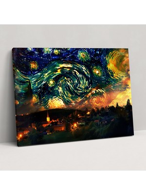 Popcas Vincent Van Gogh Köy Yıldızlı Gece Kanvas Tablo - Van Gogh Kanvas Tablo Duvar Dekorasyonu