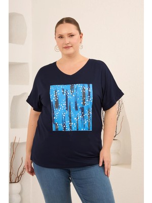 Rmg Baskılı Taş Detaylı Büyük Beden Tişört Lacivert