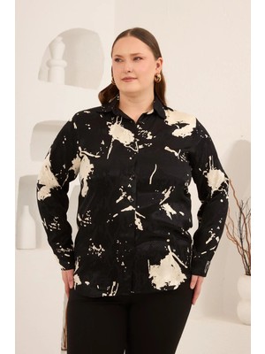 Rmg Soyut Desenli Kadın Büyük Beden Uzun Kol Gömlek Siyah