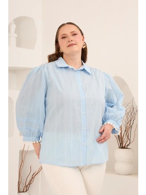 Rmg Balon Kol Ponpon Detaylı Kadın Büyük Beden Gömlek Mavi