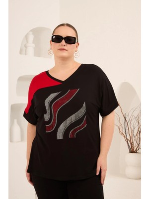 Rmg Taş Baskılı Büyük Beden Garnili Tişört Siyahkırmızı