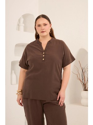 Rmg Ön Düğmeli Büyük Beden Modal Bluz Kahve