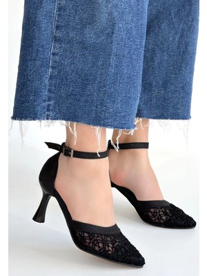 Mesga Butik Weja Siyah Cilt Tül Detaylı Simli Topuklu Ayakkabı