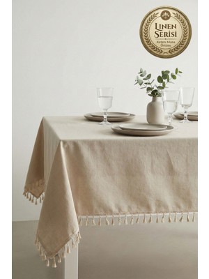 Morlay Linen | Vintage Püsküllü Naturel Keten Masa Örtüsü - Ham Bej Yıkanmış Keten Bohem Sofra Ör