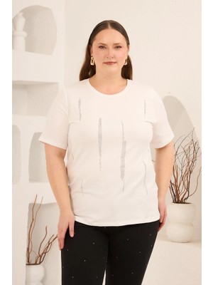 Rmg Dikey Taş Baskıl Kadın Büyük Beden Tişört Ekru