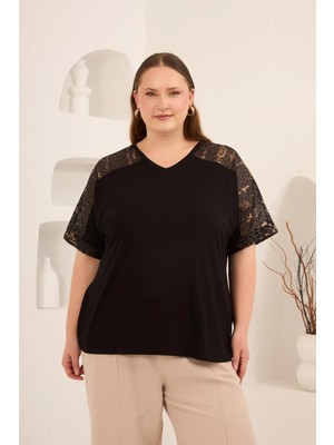 Rmg Leopar File Garnili Kadın Büyük Beden Tişört Siyah