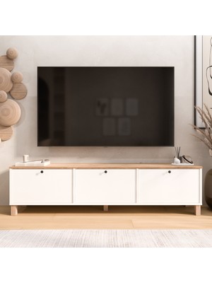 Yurudesign Nord Tv Ünitesi Sehpası 3 Kapaklı Ahşap Ayaklı 180CM Sepet-Beyaz Nd6-Sw