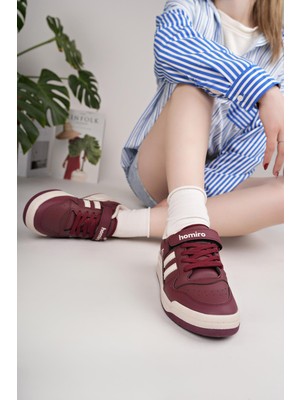 Homiro Unisex Spor Sneaker Ayakkabı Bordo-Beyaz Kaymaz Taban ile Konforlu Kullanım