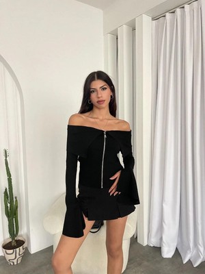 Mersi Madonna Yaka Ön Fermuarlı Ottoman Bluz