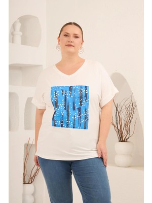 Rmg Baskılı Taş Detaylı Büyük Beden Tişört Ekru