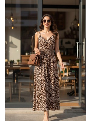 Mossta V Yaka Bel Lastikli Dökümlü Uzun Süprem Elbise - Leopar