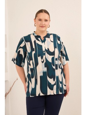 Rmg Hakim Yaka Büyük Beden Desenli Bluz Petrol