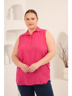 Rmg Gömlek Yaka Kolsuz Büyük Beden Viskon Bluz Fuşya