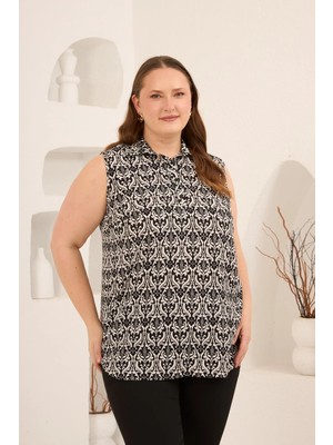 Rmg Sıfır Kol Desenli Büyük Beden Bluz Siyah