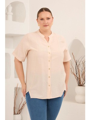 Rmg Hakim Yaka Ön Yırtmaçlı Kadın Büyük Beden Gömlek Bej