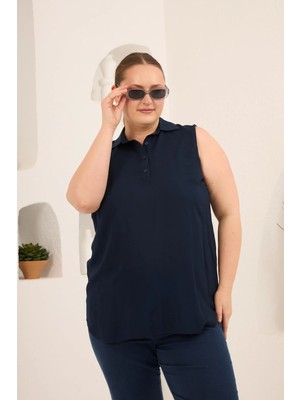 Rmg Gömlek Yaka Kolsuz Büyük Beden Viskon Bluz Lacivert