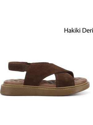 GÖNDERİ Kadın Kahve Süet  Çapraz Bantlı Dolgu Taban Hakiki Deri Comfort Sandalet