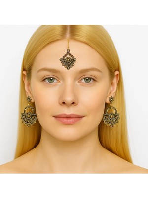 Kaftan Collection Hint Alınlık ve Hint Küpesi 3lü Set