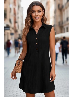 Mossta Modern Kesim Düğme Detaylı Kadın Bürümcük Elbise - Siyah