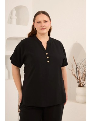 Rmg Ön Düğmeli Büyük Beden Modal Bluz Siyah