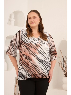 Rmg Içi Astarlı Büyük Beden Şifon Bluz Vizon