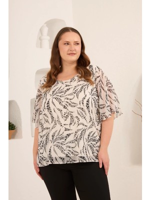 Rmg Astarlı Büyük Beden Desenli Bluz Ekru