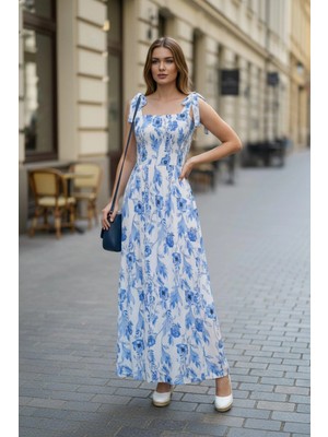 Mossta Gipeli Askılı Çiçek Desenli Midi Süprem Elbise - Mavi