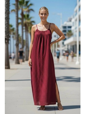 Mossta Ip Askılı Yırtmaçlı Müslin Elbise - Bordo