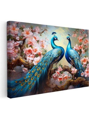 Kanvas Tablo Çiçekli Dalda Tavus Kuşları Tavus Kuşu Tablosu Ev Ofis Duvar Dekoru