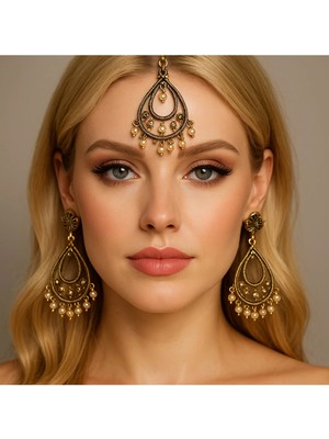 Kaftan Collection Hint Alınlık ve Hint Küpesi 3lü Set