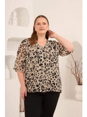 Rmg Içi Astarlı Büyük Beden Şifon Bluz Leopar