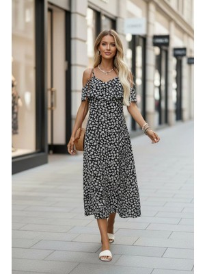 Mossta Omuzu Açık Desenli Uzun Süprem Elbise - Siyah