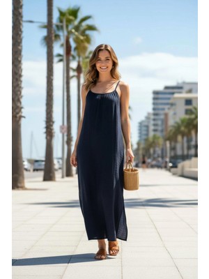 Mossta Ip Askılı Yırtmaçlı Müslin Elbise - Siyah