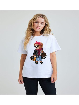 ÇARŞI47 Kadın Tişört Ayıcık Baskılı T-Shirt Yuvarlak Yaka 3D Baskı Kalitesi