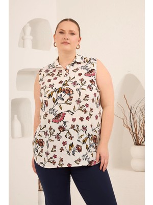 Rmg Sıfır Kol Desenli Büyük Beden Bluz Ekru