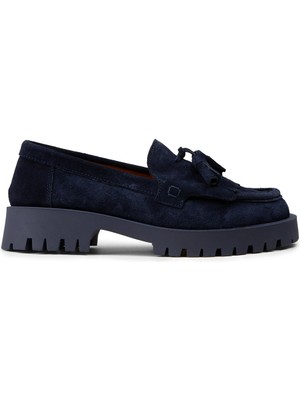 Deery Kadın Hakiki Süet Lacivert Püsküllü Loafer Ayakkabı - 02033ZLCVC01