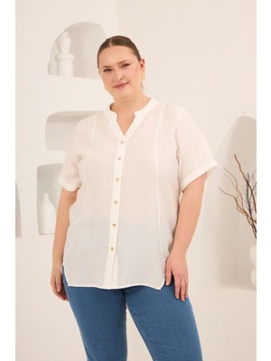 Rmg Hakim Yaka Ön Yırtmaçlı Kadın Büyük Beden Gömlek Ekru