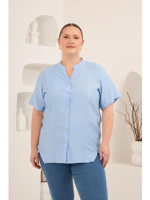 Rmg Hakim Yaka Ön Yırtmaçlı Kadın Büyük Beden Gömlek Bebe Mavi