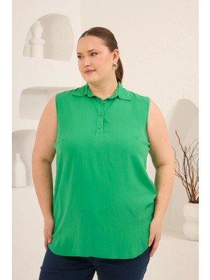 Rmg Gömlek Yaka Kolsuz Büyük Beden Viskon Bluz Yeşil