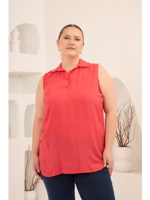 Rmg Gömlek Yaka Kolsuz Büyük Beden Viskon Bluz Mercan